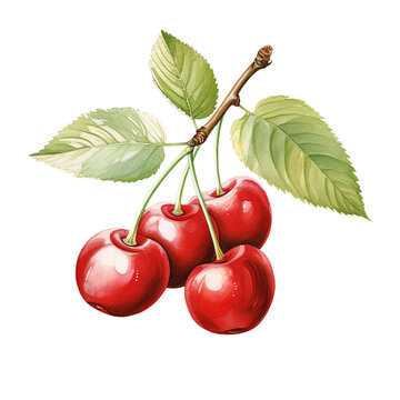 cherries fruit on a branch with leaves illustration isolated on transparent background Remove png, Clipping Path, pen tool