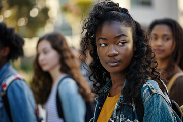 Fototapeta premium Group of young diverse women at their study place. Representing the diversity at the campus.