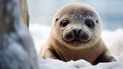 Naklejka premium cute baby white seal sea lion on the Antarctic polar ice cap