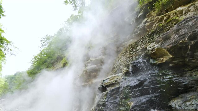 Cinematic gimbal shot of steam vents at Oyasukyo Gorge in Akita prefecture in Japan