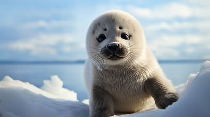 cute white baby seal sea lion in the polar Antarctic ice cap created with Generative AI Technology  - obrazy, fototapety, plakaty