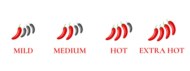 Pepper spice level. Red chili pepper. Spicy meter. Vector illustration isolated on background. Great for menu design.