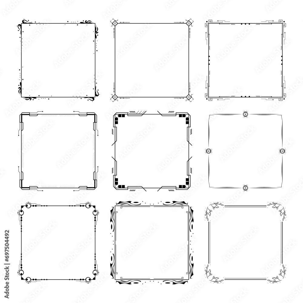 Aufkleber set black simple line frame collection doodle square floral frame elements vector design style sketc