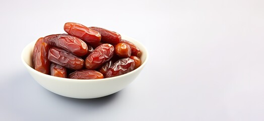 Ripe and sweet dates in a white bowl and a white wall background. generative AI