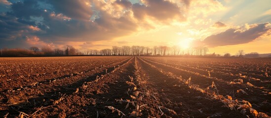 Fertile rural field landscape at sunset, before sowing. - obrazy, fototapety, plakaty