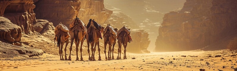 Camels in desert banner