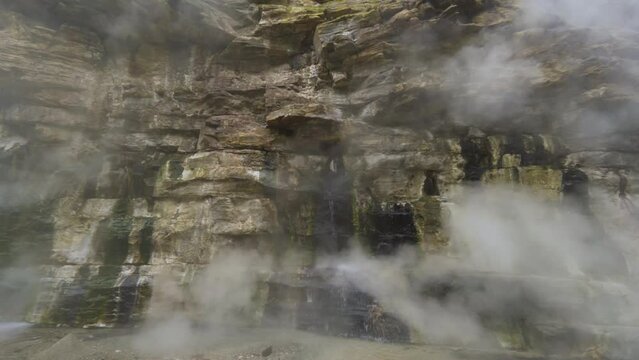 Cinematic gimbal shot of steam vents at Oyasukyo Gorge in Akita prefecture in Japan