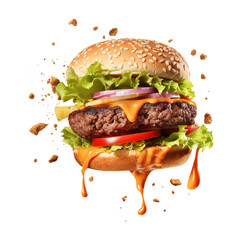 Flying hamburger isolated on transparent background Remove png, Clipping Path, pen tool