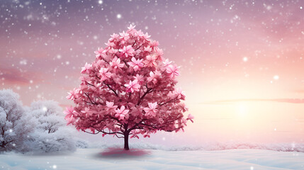 a pink tree with lots of leaves on a rock under a cloudy sky. Cherry Blossom Tree,Breast cancer awareness campaign with pink ribbon,Enchanting cherry blossom tree in full bloom, generative ai