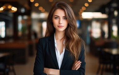 Young businesswoman or corporate employee in suit, ready for going to office. - obrazy, fototapety, plakaty