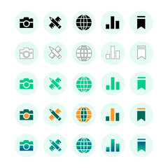 SEO icons design in line style, featuring various styles for icons such as gradient, colorize, and black,  Save, Settings, Photography, Earth, and Analysis icon..