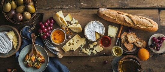 French-inspired tasting party setup with various cheeses, wine, baguettes, fruits, and snacks beautifully displayed on a rustic wooden table, viewed from above. Ample space for personalized text.