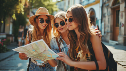 Beautiful girl and friend looking for direction within the city while having fun. Travel concept