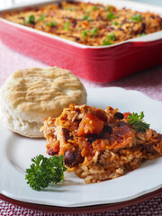 Spicy Rice and Bean Casserole Serving with Biscuit