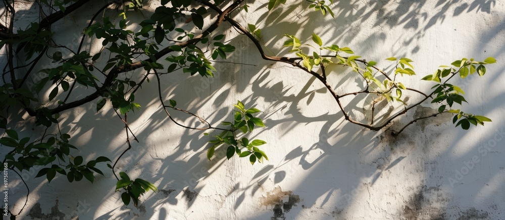 Poster soft branches with leaves creating a gentle shadow on a sunny wall.