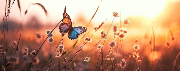 Spring and summer showcasing vibrant meadow filled with blooming flowers bathed in warm sunlight. Delicate butterfly adds touch of whimsy to scene symbolizing beauty of nature and harmony of seasons