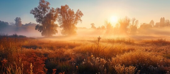 Vibrant Ukrainian nature during a foggy autumn sunrise on meadow. - obrazy, fototapety, plakaty
