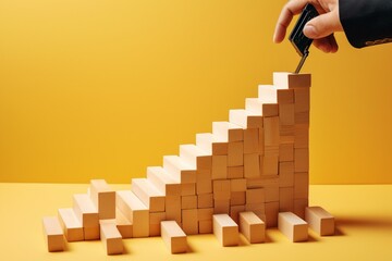 Arranging wooden blocks on yellow paper background to create a step-like ladder. Represents career growth process and business success. Copy space available. Generative AI