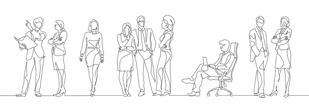 Continuous one line drawing of a business team standing together. Group of office workers