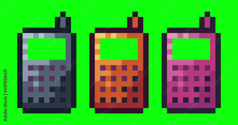 Poster Green screen of old phone, phone icon bits pixel slowly appeared and dissappeared. Simple animation from  pixel dots form sets of old phone icon . Usefull for game asset or design asset animate.