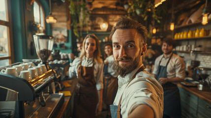 Fototapeta na wymiar Friendly Barista Team Taking a Selfie in a Rustic Coffee Shop