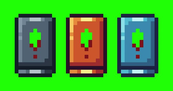 Green screen of exclamation mark , phone icon bits pixel slowly appeared and dissappeared. Simple animation from  pixel dots form sets of mark icon . Usefull for game asset or design asset animate.