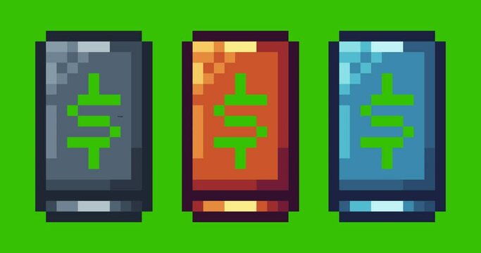 Green screen of money phone , money icon bits pixel slowly appeared and dissappeared. Simple animation from  pixel dots form sets of money phone icon . Usefull for game asset or design asset animate.