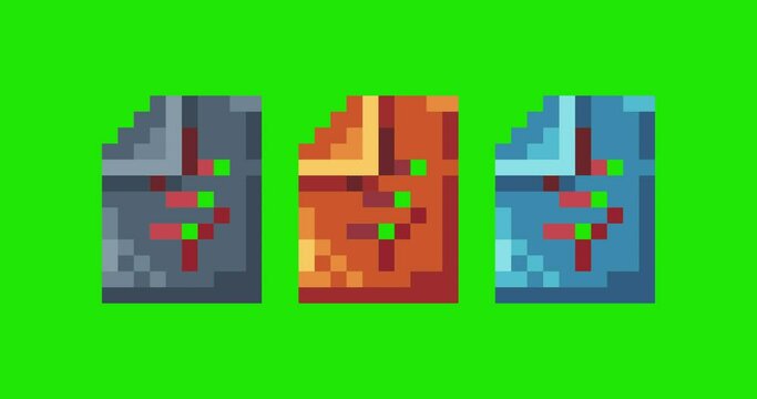 Green screen of money paper , paper icon bits pixel slowly appeared and dissappeared. Simple animation from  pixel dots form sets of paper icon . Usefull for game asset or design asset animate.