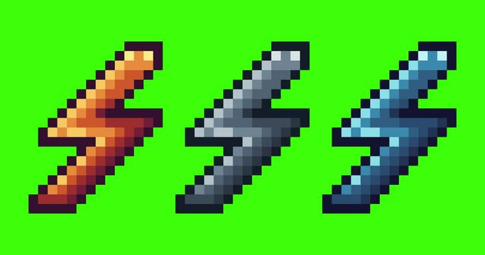 Green screen of lightning ,lightning icon bits pixel slowly appeared and dissappeared. Simple animation from  pixel dots form sets of lightning icon . Usefull for game asset or design asset animate.