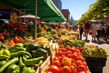 Fruit and vegetable stall at a farmers market in Frankfurt, Germany, A bustling farmer's market with vibrant, fresh produce and handmade products, AI Generated - obrazy, fototapety, plakaty