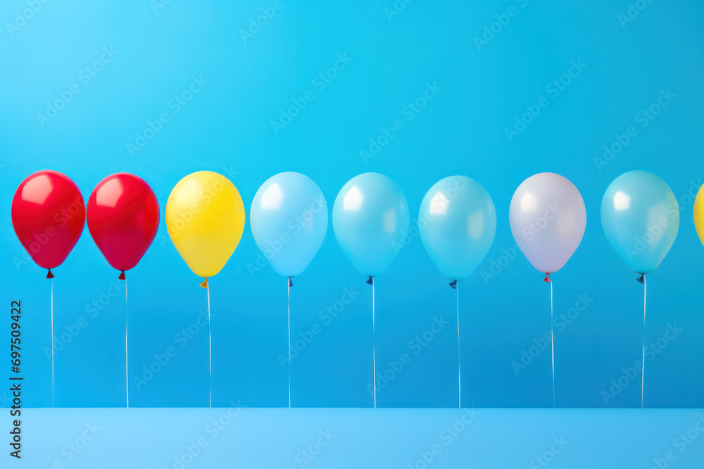 Poster balloon spectrum, colorful array floats on a blue canvas, injecting vibrancy into the atmosphere