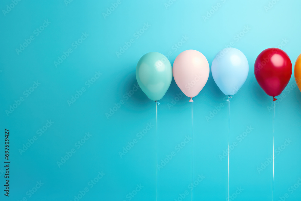 Poster balloon spectrum, colorful array floats on a blue canvas, injecting vibrancy into the atmosphere
