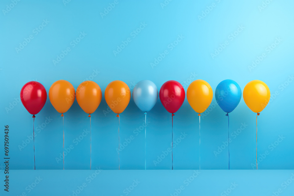 Poster balloon spectrum, colorful array floats on a blue canvas, injecting vibrancy into the atmosphere