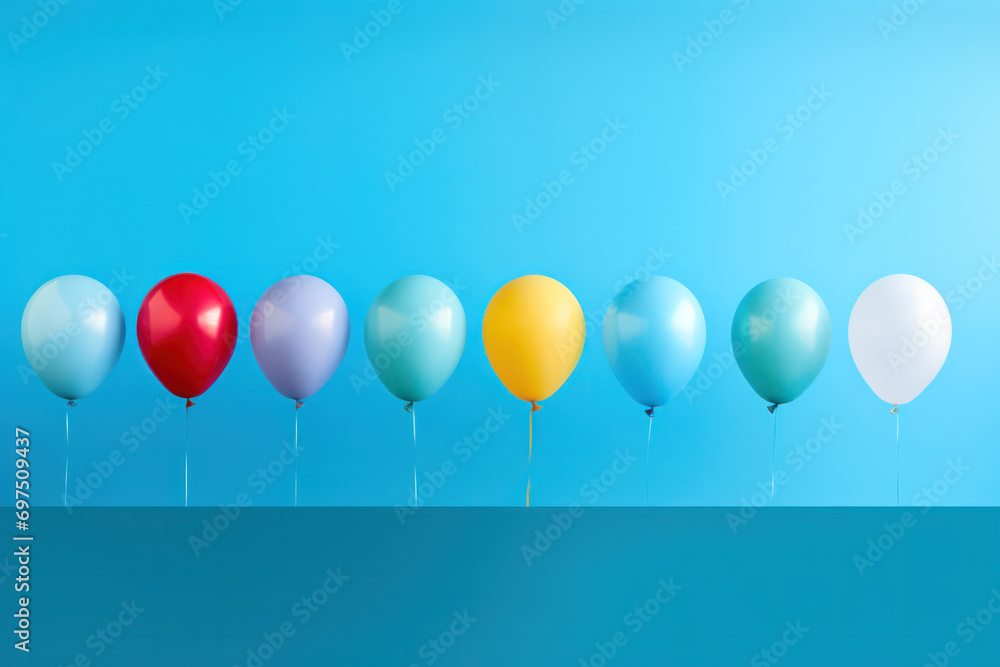 Poster balloon spectrum, colorful array floats on a blue canvas, injecting vibrancy into the atmosphere
