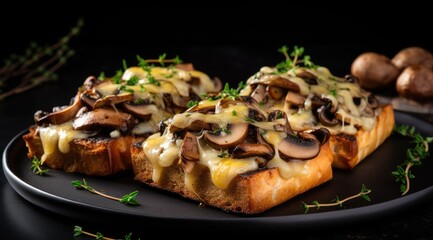 Mushroom toasts with cheese and fresh thyme on a black background, close-up. - obrazy, fototapety, plakaty