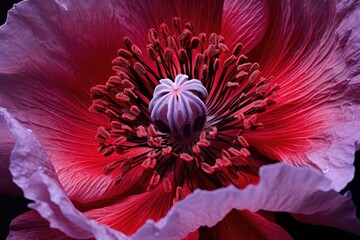 Detail of opium poppy flower, in latin papaver somniferum, purple colored flowering poppy - obrazy, fototapety, plakaty