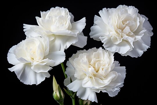 Photo of white carnations flowers on black background.