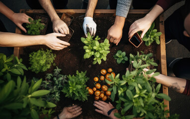 Top view of People hands with planting plant at garden