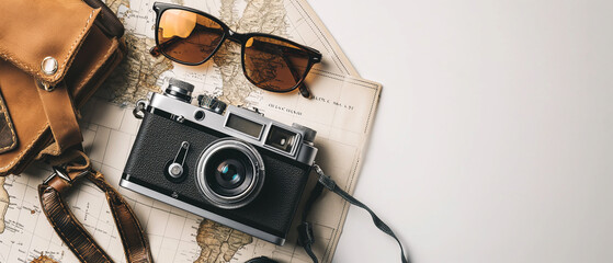 Travel accessories and items on white background with copy space. Summer holiday concept - Powered by Adobe