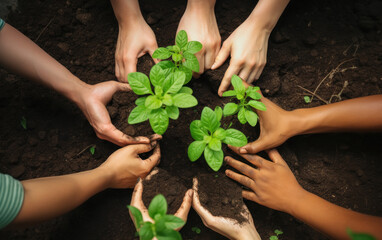 Top view of People hands with planting plant at garden