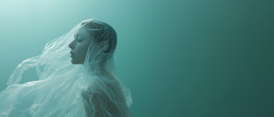 a woman trapped in transparent plastic bag resemble a jellyfish, The model's serene expression and graceful floating pose, with copy-space for text, plastic and ecology concept