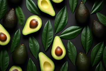 Top view of ripe avocados on a natural background. Generative AI