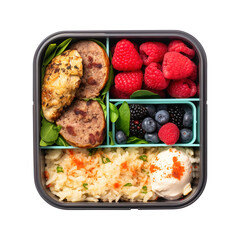 Lunch box with protein overnight oats almond slices mixed berries isolated on transparent background Remove png, Clipping Path, pen tool