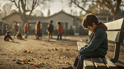 Solitary Child Sitting Alone on Park Bench - harassment at school
