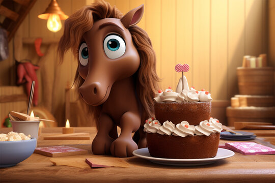 3d character illustration of a cute horse and a cake