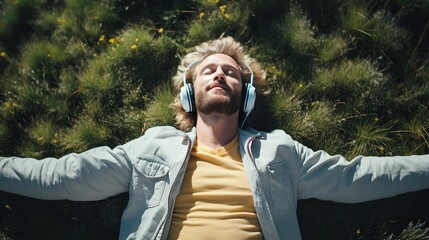 Close-up portrait of young smiling man enjoying and dreaming with headphones, listen the music, upper view - obrazy, fototapety, plakaty