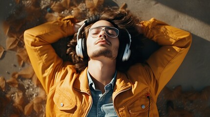 Close-up portrait of young smiling man enjoying and dreaming with headphones, listen the music, upper view