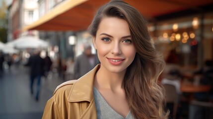 Obraz premium A young beautiful elegant woman looking at the camera outdoors. Soft focus