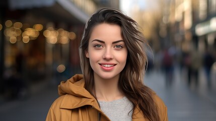Obraz premium A young beautiful elegant woman looking at the camera outdoors. Soft focus