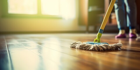 Cleaning staff is wiping cloth with cleaner and disinfectant on the surface of floor to make the floor clean with cleaning products and free from germs clinging to surface of the floor in living room. - obrazy, fototapety, plakaty